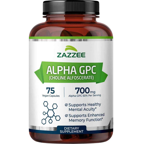Frasco de suplemento Zazzee Alpha GPC 75 cápsulas veganas