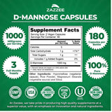 Tabla nutricional del suplemento Zazzee D-Manosa 180 cápsulas veganas