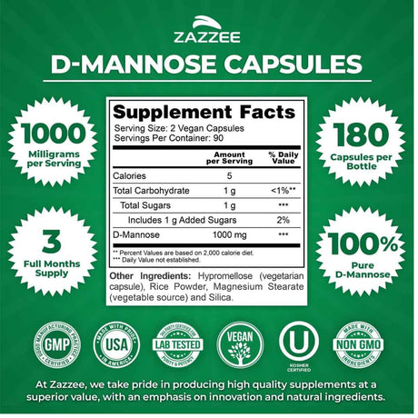 Tabla nutricional del suplemento Zazzee D-Manosa 180 cápsulas veganas