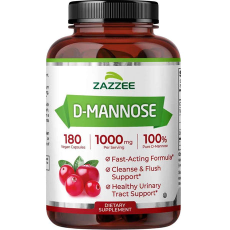Frasco de suplemento Zazzee D-Manosa 180 cápsulas veganas