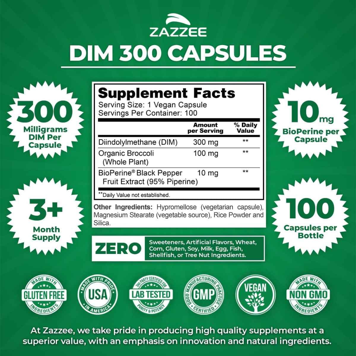 Tabla nutricional del suplemento Zazzee DIM Diindolilmetano con BioPerine 100 cápsulas