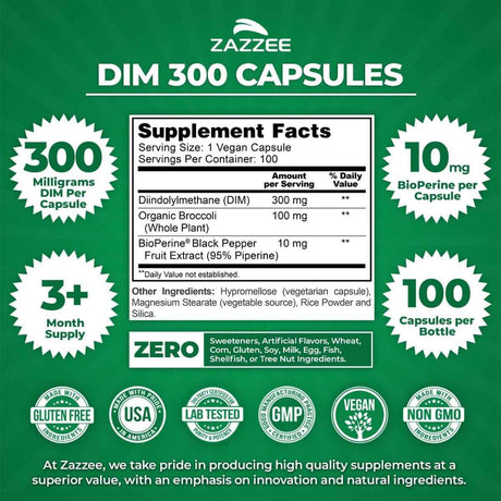 Tabla nutricional del suplemento Zazzee DIM Diindolilmetano con BioPerine 100 cápsulas