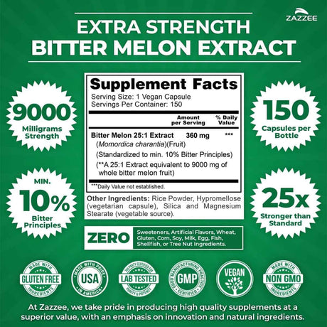 Tabla nutricional del suplemento Zazzee Extracto de Melón Amargo 150 cápsulas