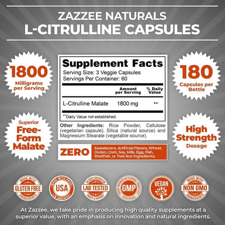 Tabla nutricional del suplemento Zazzee L-Citrulina Malato 1800 mg 180 cápsulas veganas