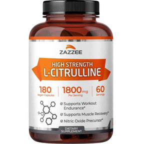 Frasco de suplemento Zazzee L-Citrulina Malato 1800 mg 180 cápsulas veganas