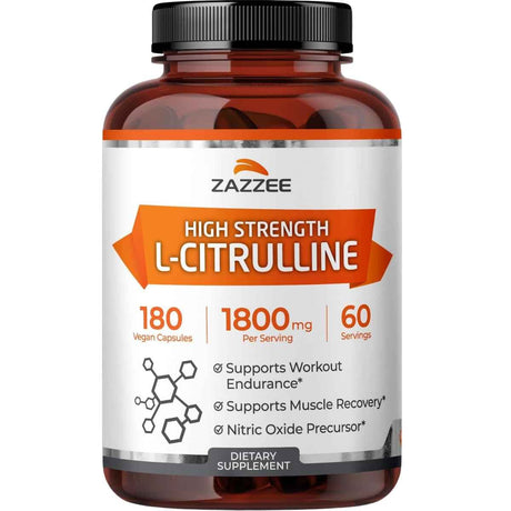 Frasco de suplemento Zazzee L-Citrulina Malato 1800 mg 180 cápsulas veganas