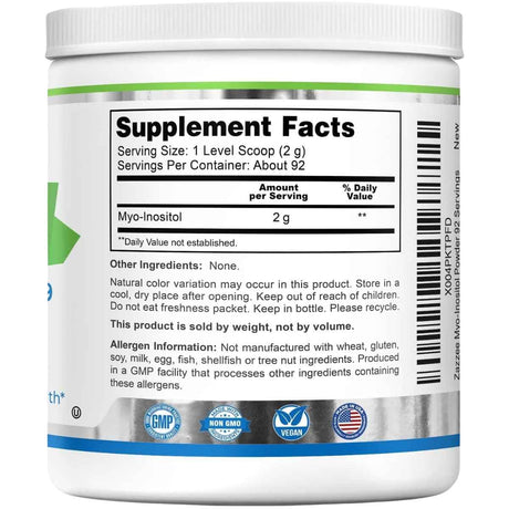 Tabla Supplement Facts Zazzee Myo-Inositol en polvo 184 g
