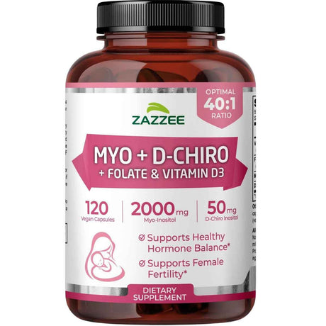 Frasco frontal de Zazzee myo-inositol y D-chiro con folato y vitamina D3, presentación de 120 cápsulas.