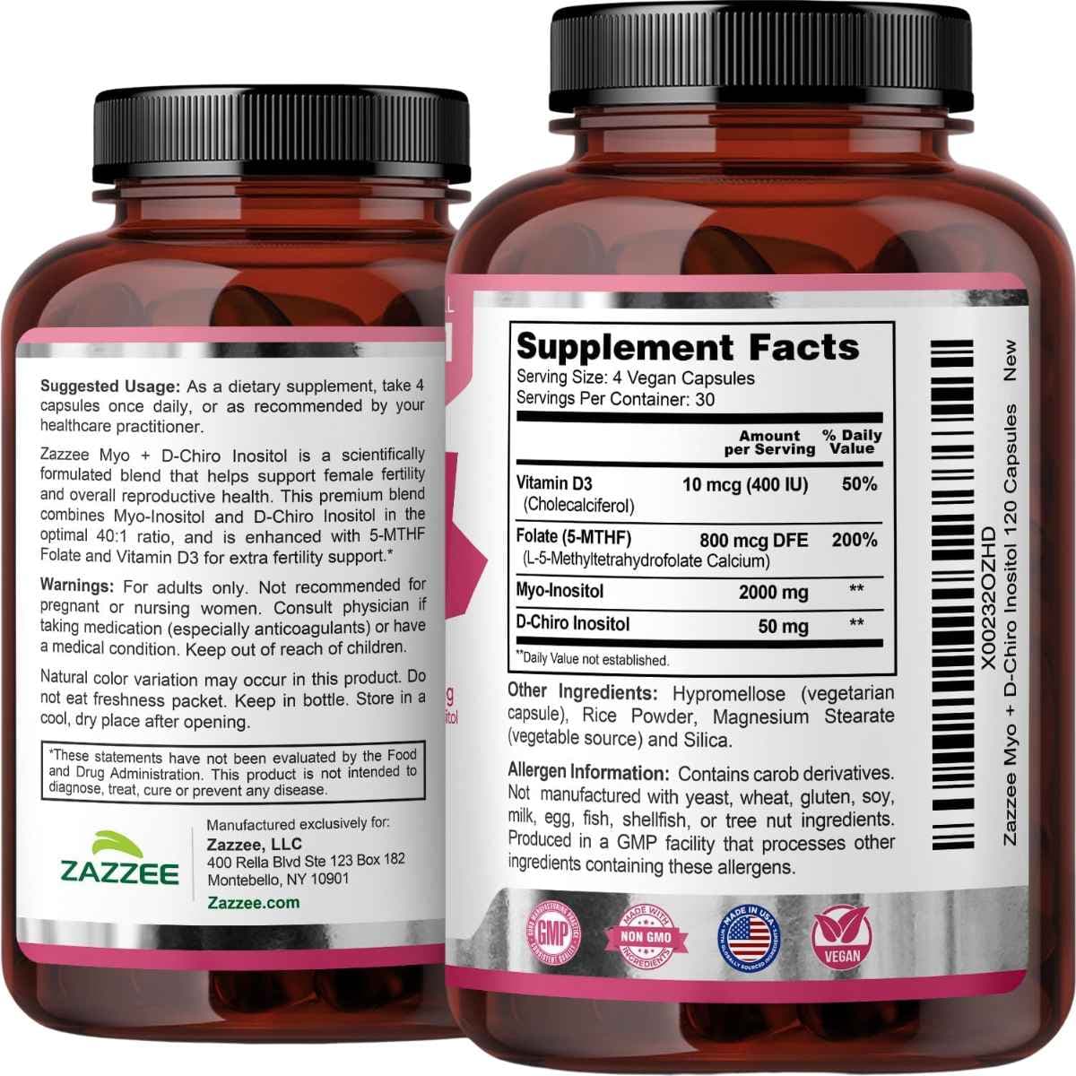 Frascos de Zazzee myo-inositol y D-chiro con folato y vitamina D3, con información del suplemento, ingredientes y modo de uso.