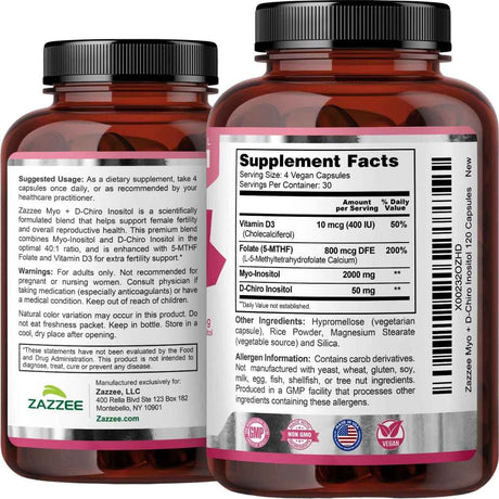 Frascos de Zazzee myo-inositol y D-chiro con folato y vitamina D3, con información del suplemento, ingredientes y modo de uso.
