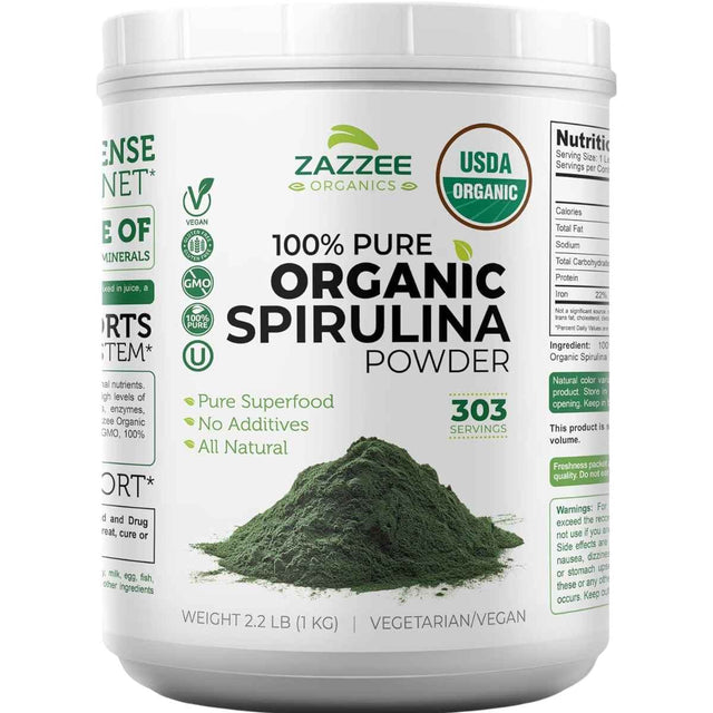 Frasco de suplemento Zazzee Organics Espirulina Orgánica Pura 1 KG Polvo