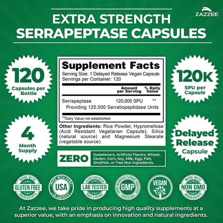 Tabla nutricional del suplemento Zazzee Serrapeptasa Enzimas Sistémicas 120 cápsulas de liberación retardada