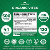 Tabla nutricional del suplemento Zazzee Vitex Orgánico 500 mg 120 cápsulas veganas