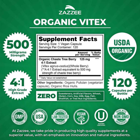 Tabla nutricional del suplemento Zazzee Vitex Orgánico 500 mg 120 cápsulas veganas