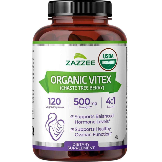 Frasco de suplemento Zazzee Vitex Orgánico 500 mg 120 cápsulas veganas