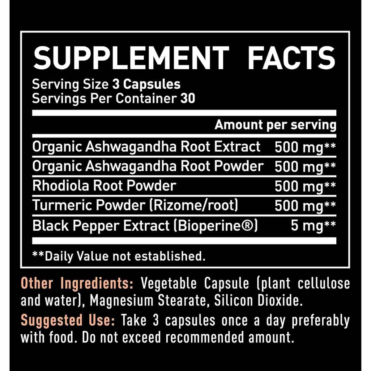 Tabla nutricional del suplemento Zeal Naturals Complejo Adaptógeno de Ashwagandha con Rodiola y Cúrcuma 90 cápsulas