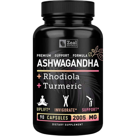 Frasco de suplemento Zeal Naturals Complejo Adaptógeno de Ashwagandha con Rodiola y Cúrcuma 90 cápsulas