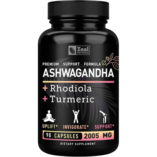 Frasco de suplemento Zeal Naturals Complejo Adaptógeno de Ashwagandha con Rodiola y Cúrcuma 90 cápsulas