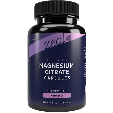 Frasco frontal de Zeal Naturals citrato de magnesio de 400 mg por porción con 180 cápsulas