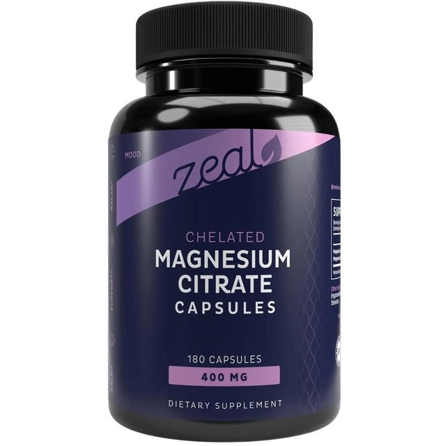 Frasco frontal de Zeal Naturals citrato de magnesio de 400 mg por porción con 180 cápsulas