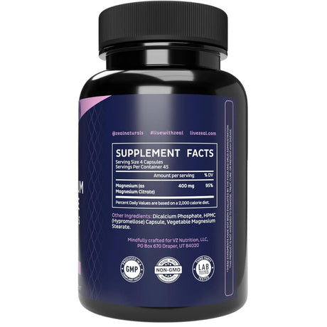 Información del suplemento de Zeal Naturals citrato de magnesio con 400 mg por porción y otros ingredientes