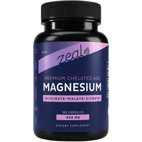 Frasco frontal de Zeal Naturals complejo triple de magnesio de 400 mg por porción con 180 cápsulas