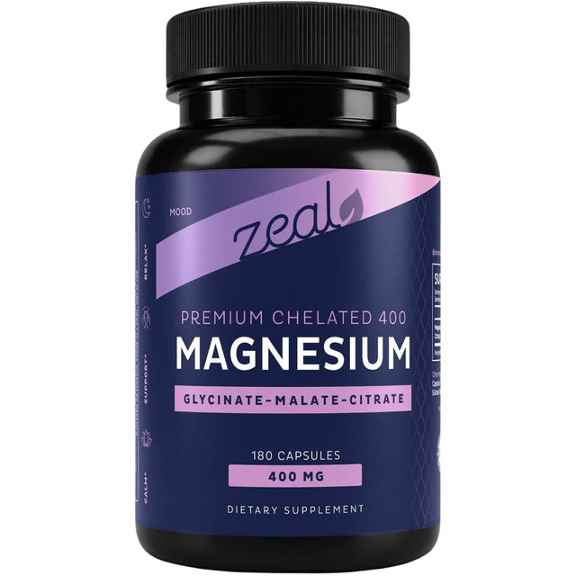 Frasco frontal de Zeal Naturals complejo triple de magnesio de 400 mg por porción con 180 cápsulas