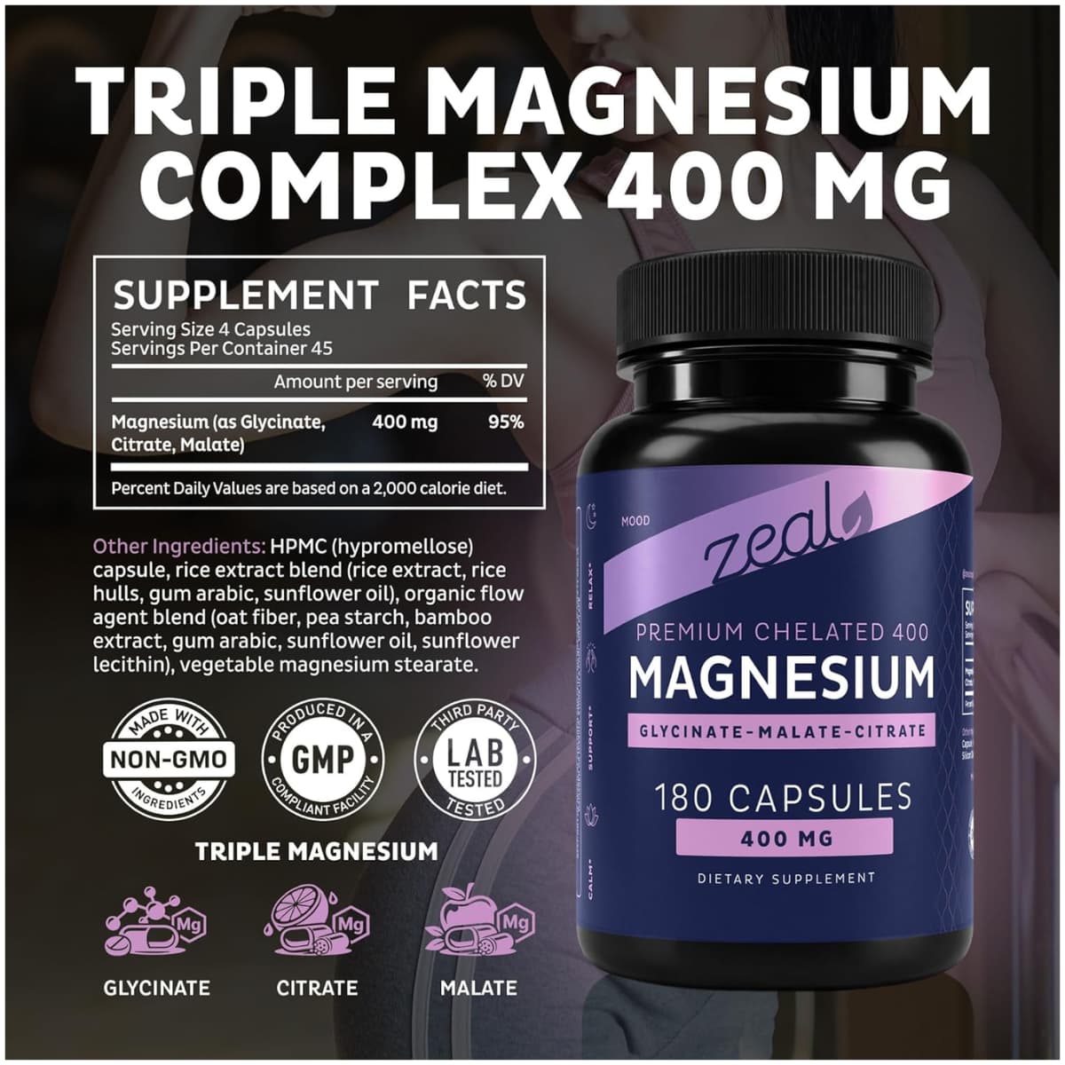 Información del suplemento de Zeal Naturals complejo triple de magnesio con 400 mg por porción, otros ingredientes y frasco de 180 cápsulas