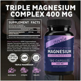 Información del suplemento de Zeal Naturals complejo triple de magnesio con 400 mg por porción, otros ingredientes y frasco de 180 cápsulas