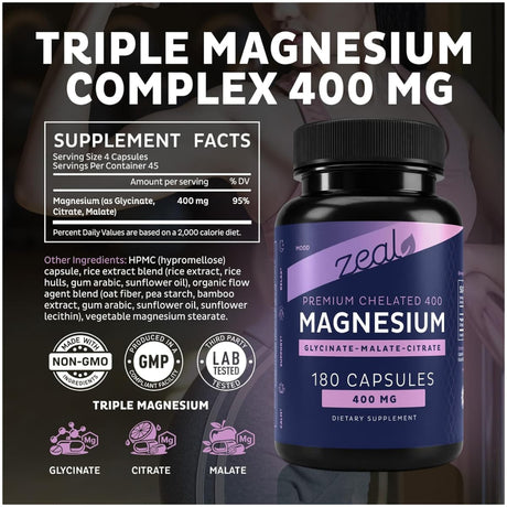 Información del suplemento de Zeal Naturals complejo triple de magnesio con 400 mg por porción, otros ingredientes y frasco de 180 cápsulas
