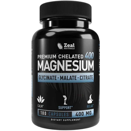 Frasco de suplemento Zeal Naturals Magnesio Quelado Complejo 180 Cápsulas