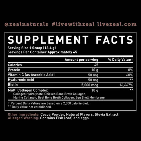 Tabla nutricional del suplemento Zeal Naturals Multi Colágeno Péptidos sabor chocolate 45 Servicios