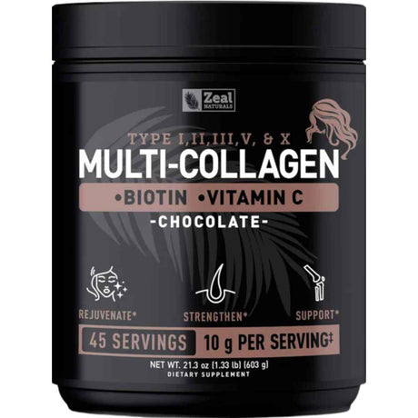Frasco de suplemento Zeal Naturals Multi Colágeno Péptidos sabor chocolate 45 Servicios