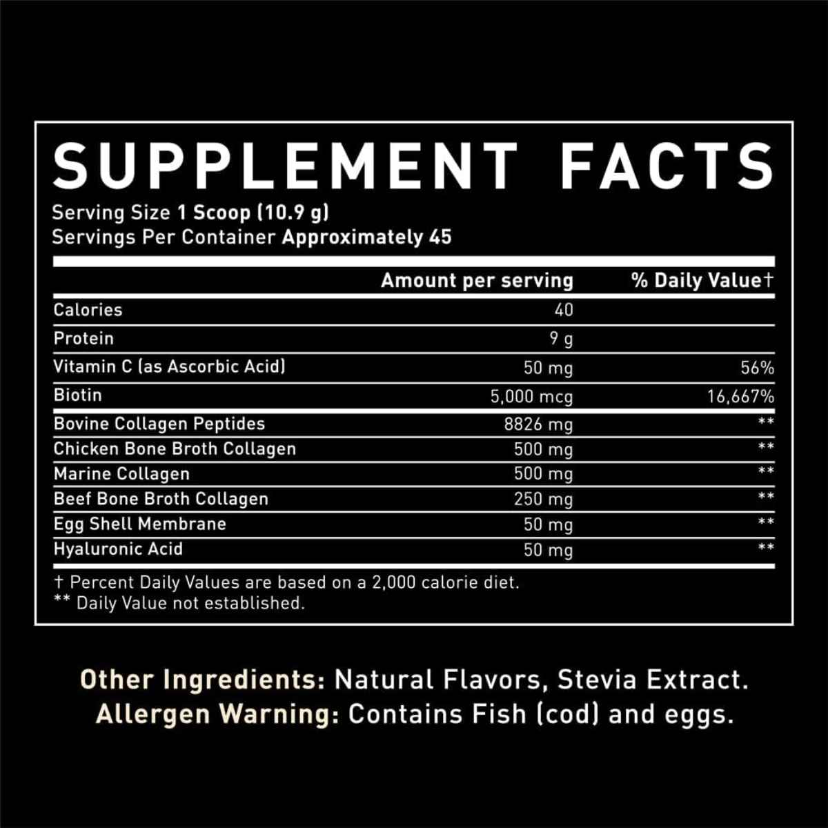 Tabla nutricional del suplemento Zeal Naturals Multi Colágeno Péptidos sabor fresa 45 Servicios
