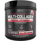 Frasco de suplemento Zeal Naturals Multi Colágeno Péptidos sabor fresa 45 Servicios