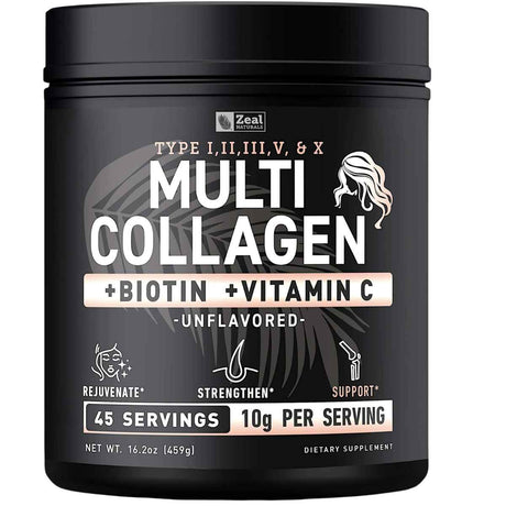 Frasco de suplemento Zeal Naturals Multi Colágeno Péptidos sin sabor 45 Servicios