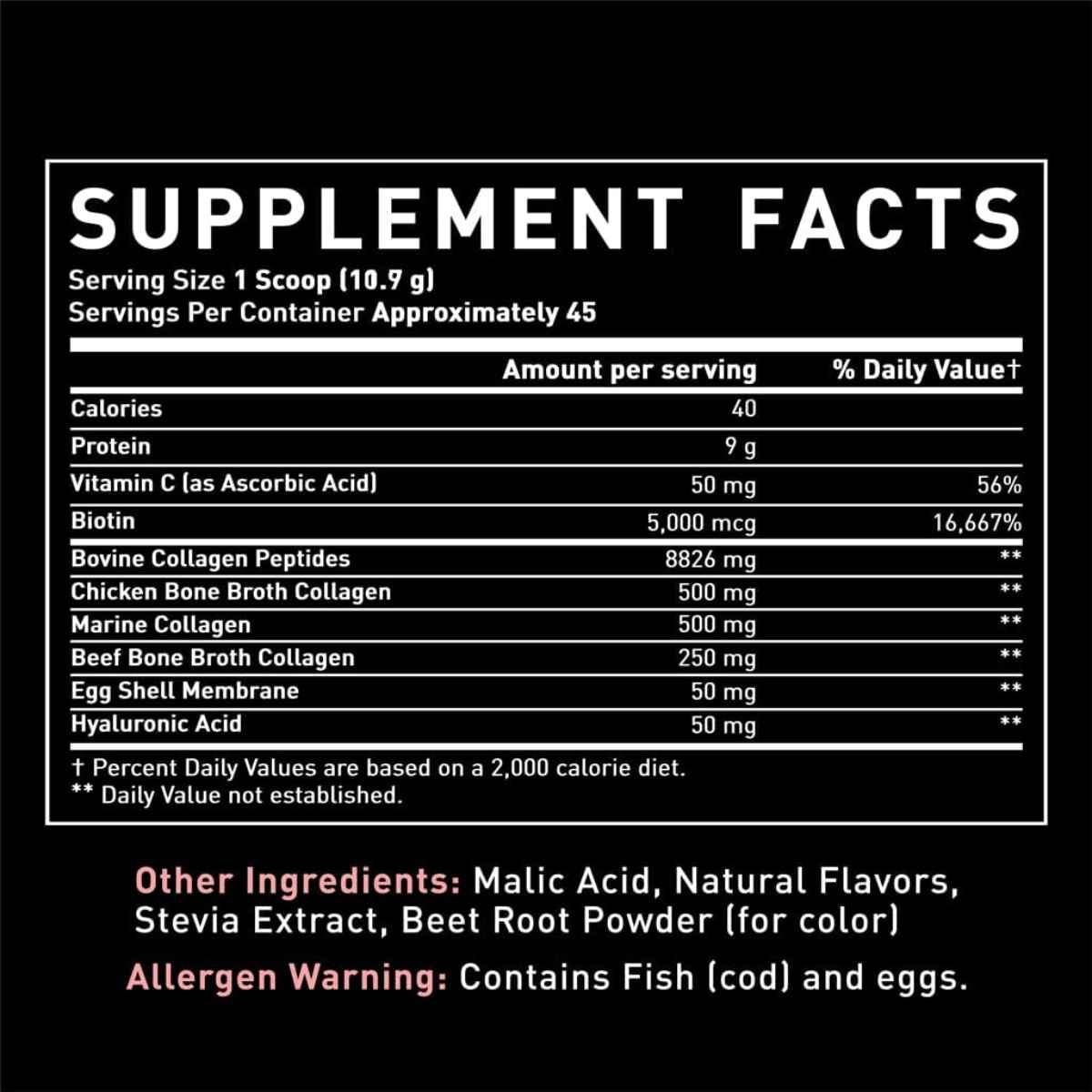 Tabla nutricional del suplemento Zeal Naturals Multi Colágeno Péptidos sabor vainilla 45 Servicios