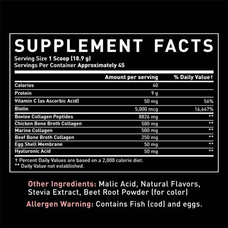 Tabla nutricional del suplemento Zeal Naturals Multi Colágeno Péptidos sabor vainilla 45 Servicios