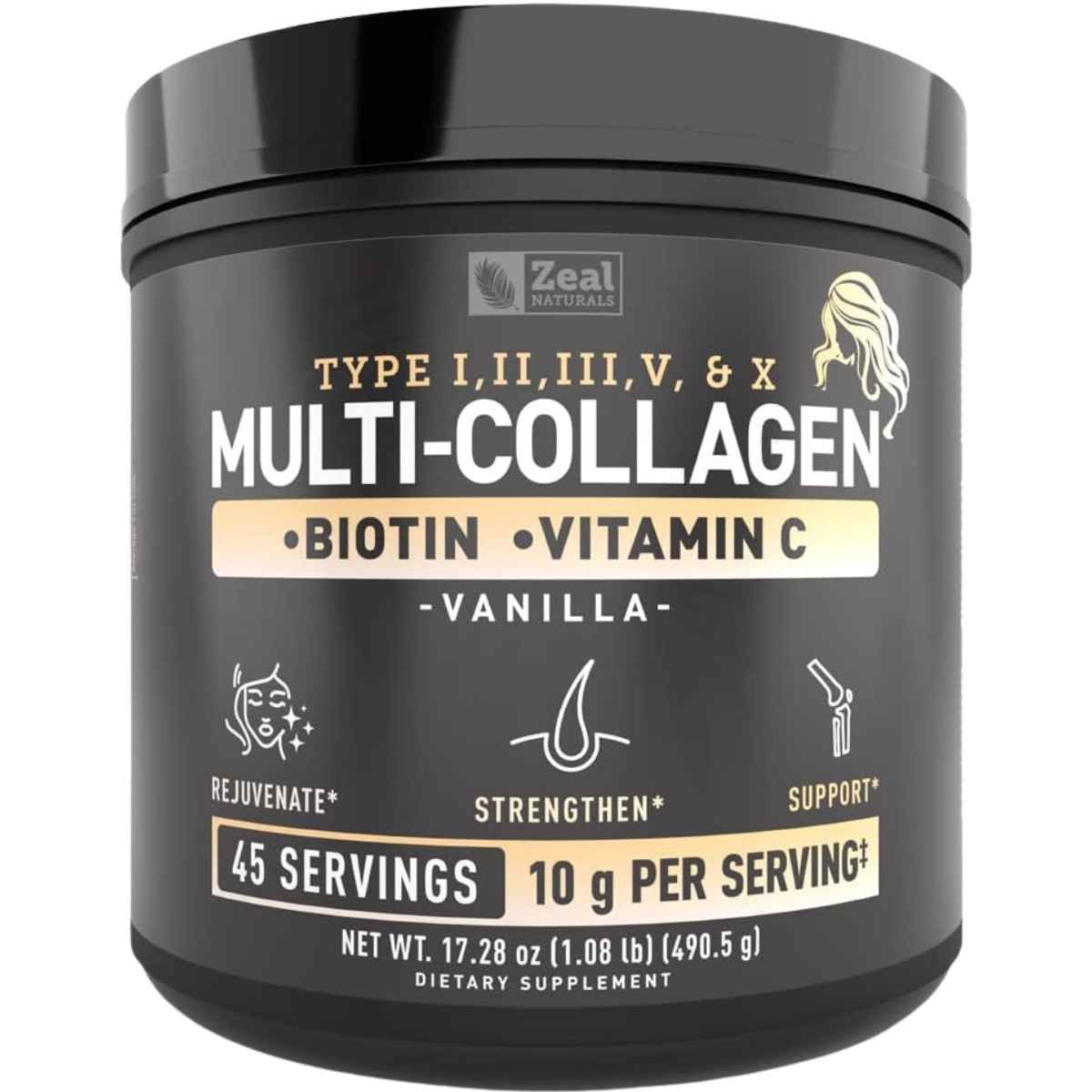 Frasco de suplemento Zeal Naturals Multi Colágeno Péptidos sabor vainilla 45 Servicios