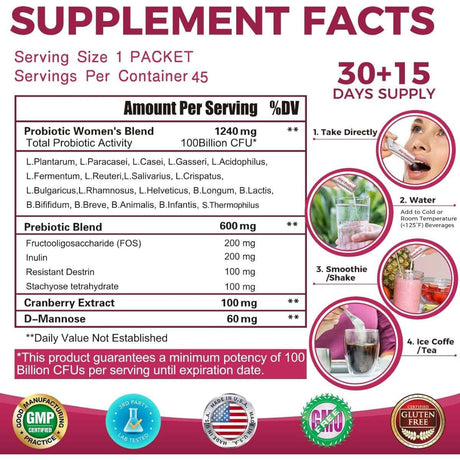Tabla nutricional del suplemento ZEBORA Prebióticos y Probióticos 45 paquetes