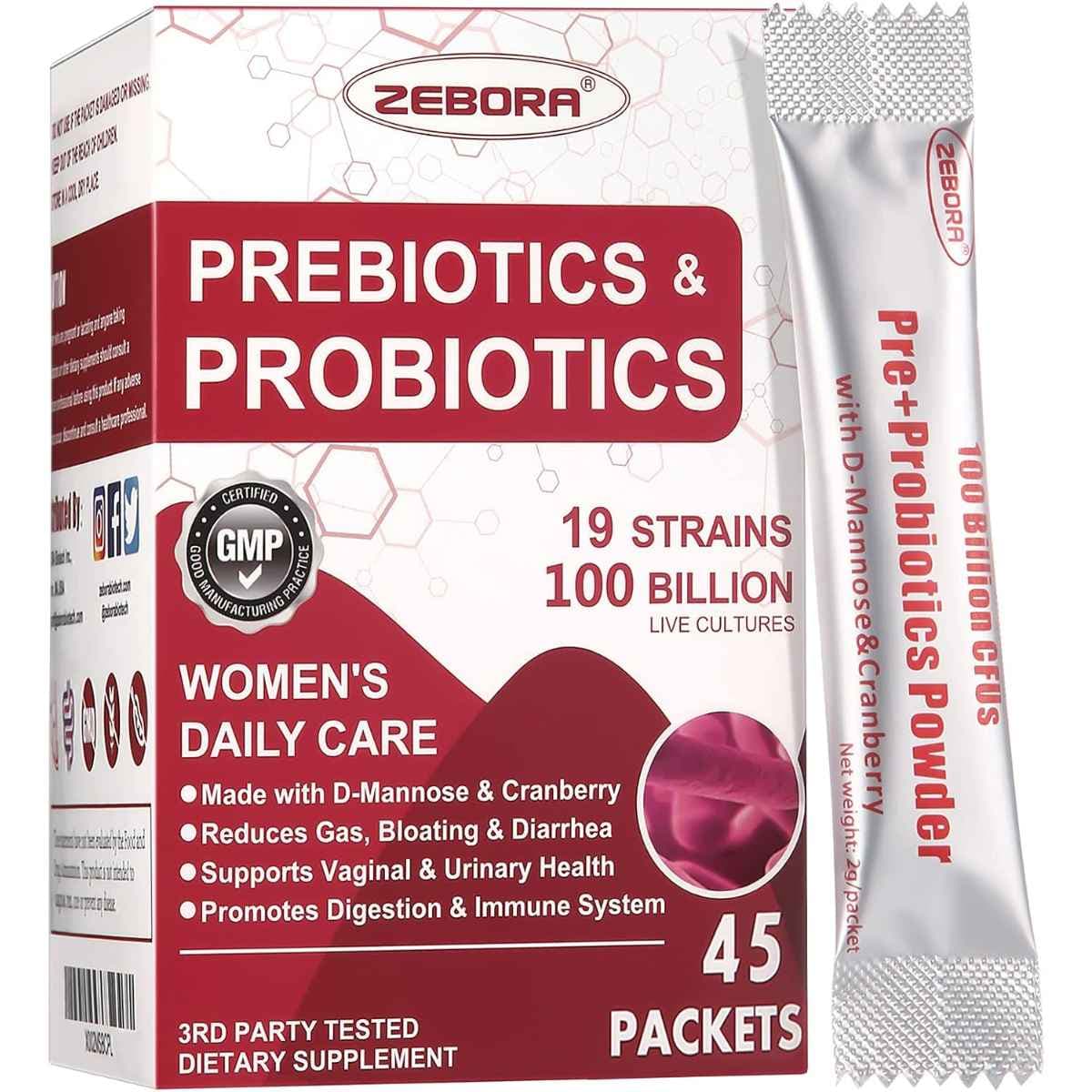 Frasco de suplemento ZEBORA Prebióticos y Probióticos 45 paquetes