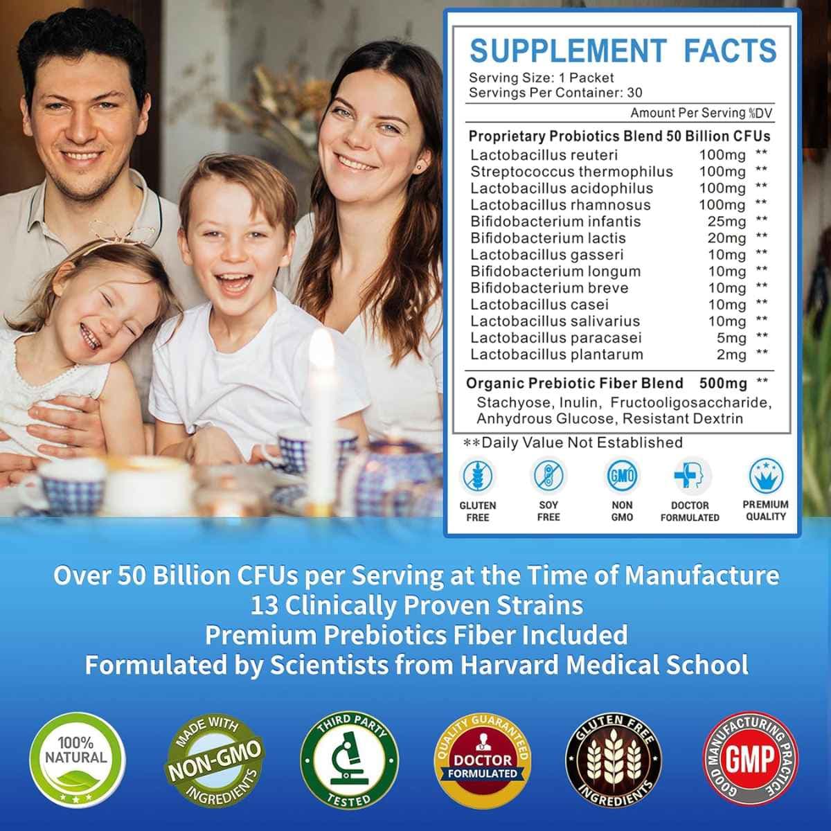 Tabla nutricional del suplemento Zebora Probiótico en Polvo 50 mil millones de CFU 30 Sobres