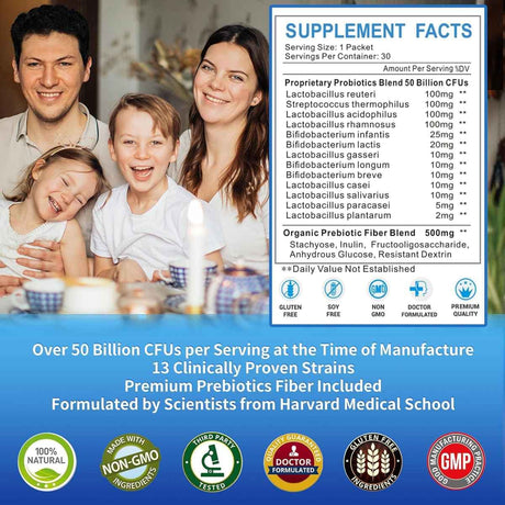 Tabla nutricional del suplemento Zebora Probiótico en Polvo 50 mil millones de CFU 30 Sobres