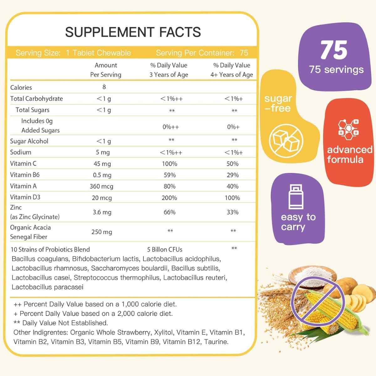 Tabla nutricional del suplemento ZEBORA Probiótico Niños 75 tabletas masticables fresa