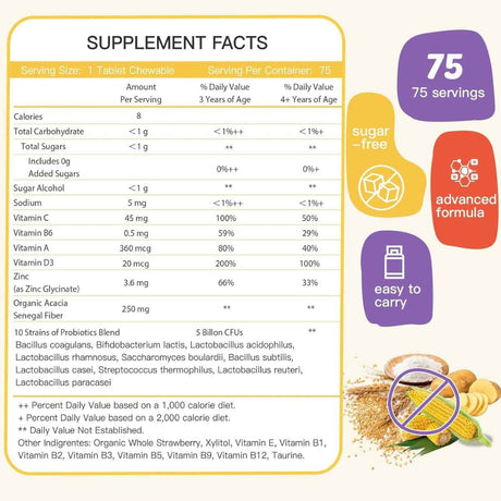 Tabla nutricional del suplemento ZEBORA Probiótico Niños 75 tabletas masticables fresa