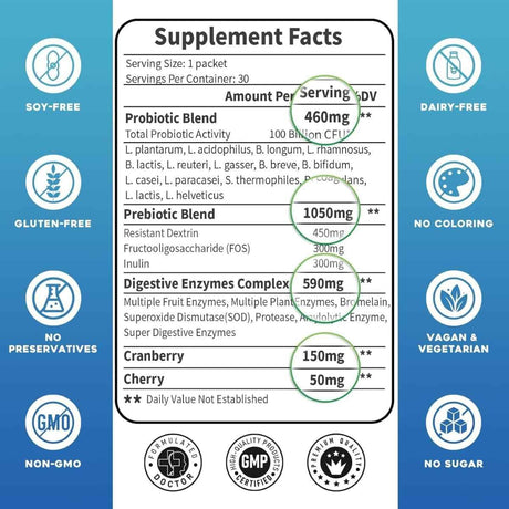 Tabla nutricional del suplemento Zebora Probióticos 3 en 1 con Prebióticos y Enzimas Digestivas 30 paquetes