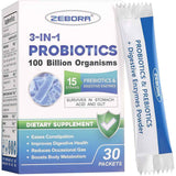 Frasco de suplemento Zebora Probióticos 3 en 1 con Prebióticos y Enzimas Digestivas 30 paquetes