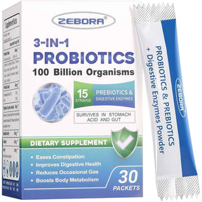 Frasco de suplemento Zebora Probióticos 3 en 1 con Prebióticos y Enzimas Digestivas 30 paquetes