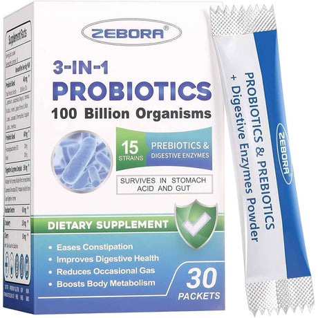 Frasco de suplemento Zebora Probióticos 3 en 1 con Prebióticos y Enzimas Digestivas 30 paquetes