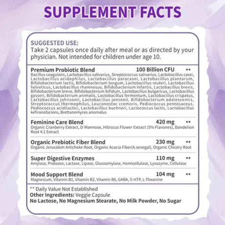 Tabla nutricional del suplemento Zebora Probióticos para Mujeres 90 cápsulas